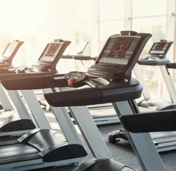 Several modern treadmills lined up in a bright, sunlit gym