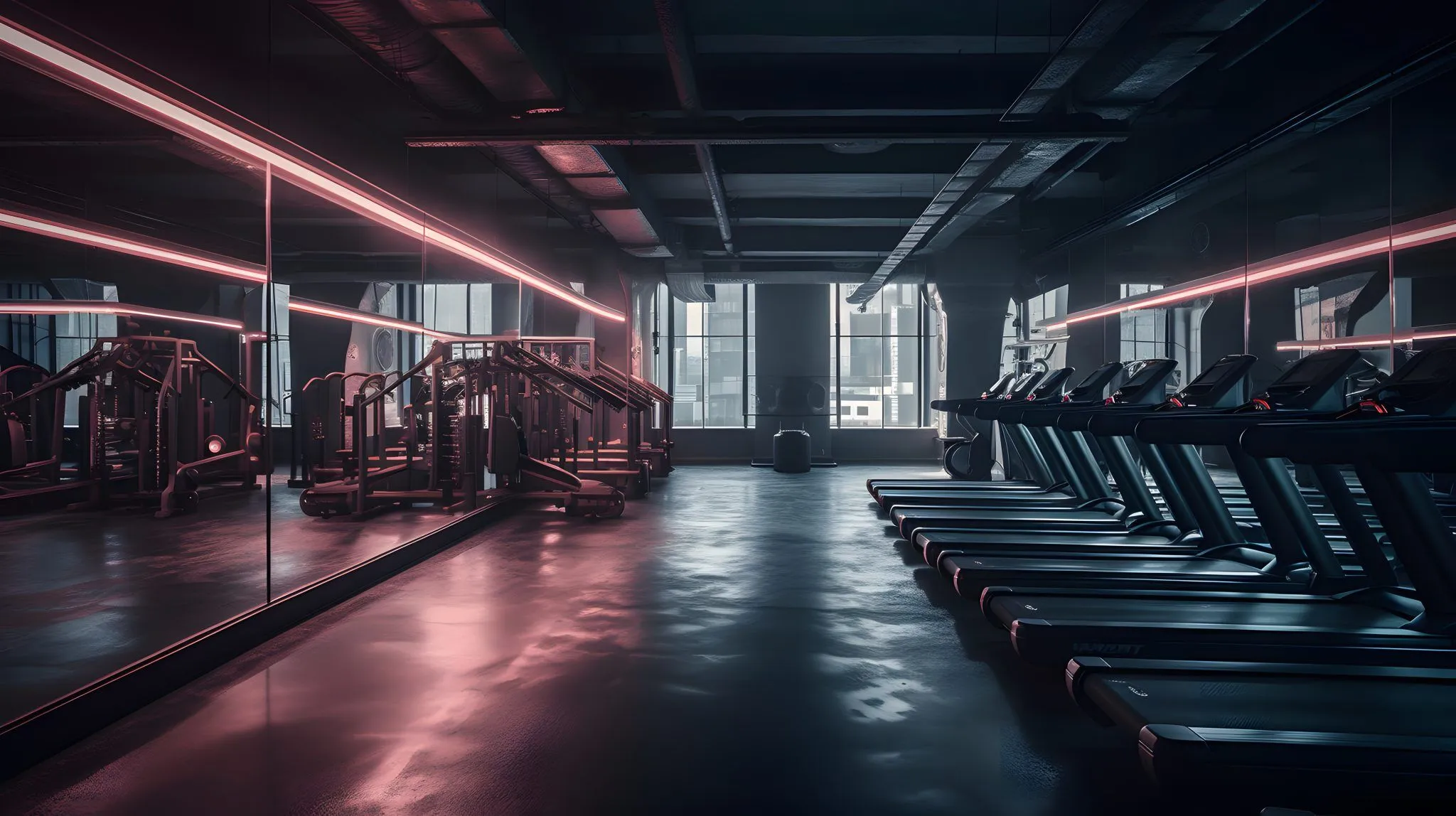 A dark, modern gym with treadmills and weight machines